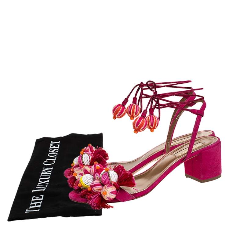 Pre Owned  Aquazzura Paradise Pink Suede Tropicana Tasseled Beaded Ankle Tie Sandals Size 39