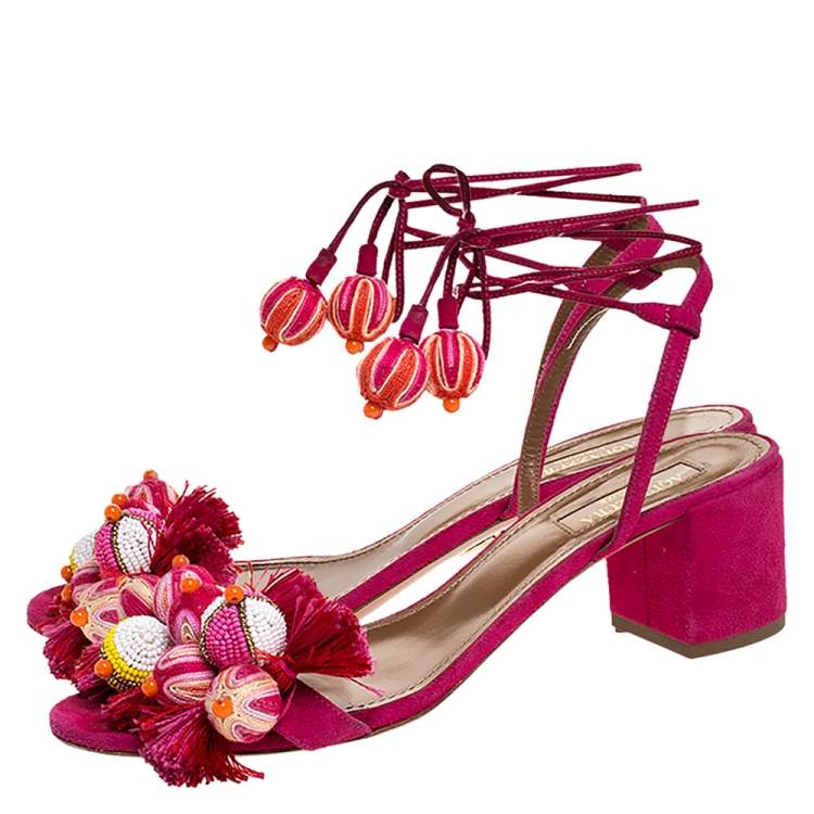 Pre Owned  Aquazzura Paradise Pink Suede Tropicana Tasseled Beaded Ankle Tie Sandals Size 39