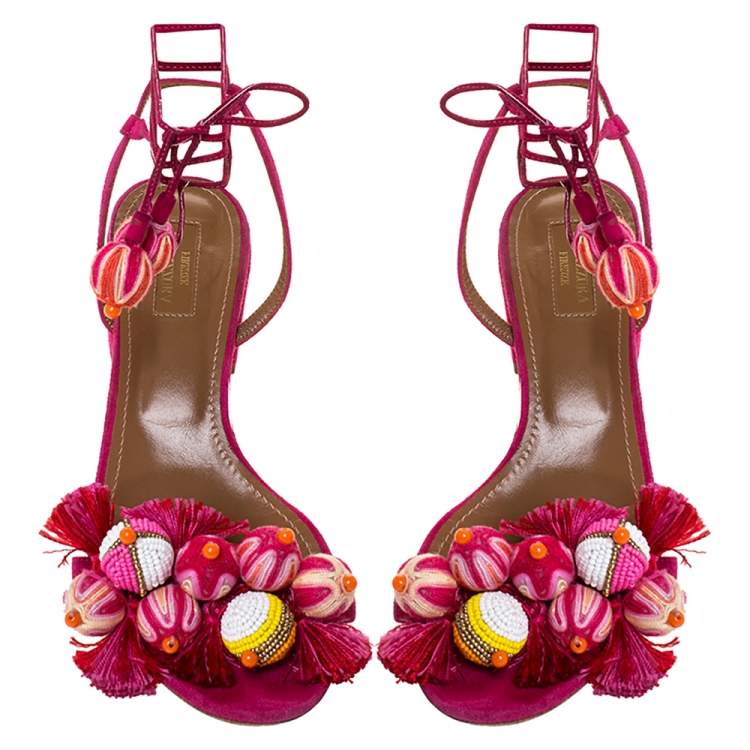Pre Owned  Aquazzura Paradise Pink Suede Tropicana Tasseled Beaded Ankle Tie Sandals Size 39