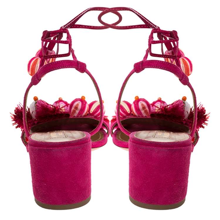 Pre Owned  Aquazzura Paradise Pink Suede Tropicana Tasseled Beaded Ankle Tie Sandals Size 39