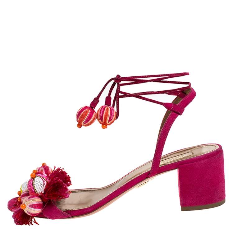 Pre Owned  Aquazzura Paradise Pink Suede Tropicana Tasseled Beaded Ankle Tie Sandals Size 39