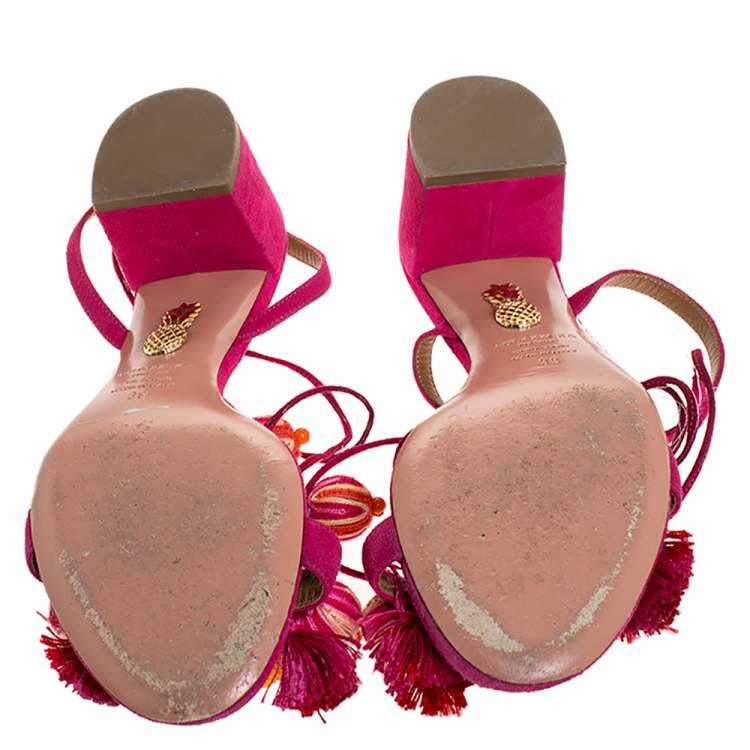 Pre Owned  Aquazzura Paradise Pink Suede Tropicana Tasseled Beaded Ankle Tie Sandals Size 39