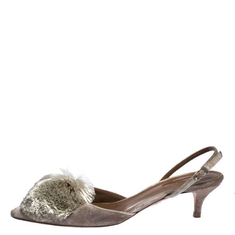 Pre Owned Aquazzura Grey Velvet Powder Puff Pointed Toe Slingback Sandals Size 39
