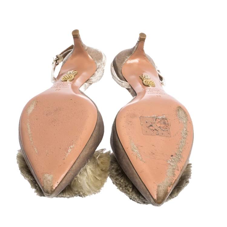 Pre Owned Aquazzura Grey Velvet Powder Puff Pointed Toe Slingback Sandals Size 39