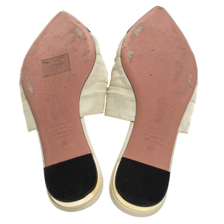 Pre Owned Aquazzura Cream/Black Canvas And Grosgrain Mondaine Flat Mules Size 39