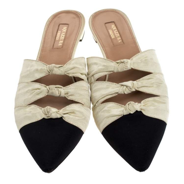 Pre Owned Aquazzura Cream/Black Canvas And Grosgrain Mondaine Flat Mules Size 39