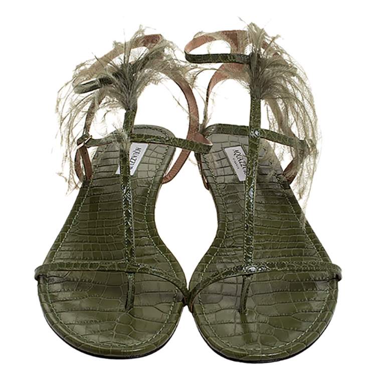 Pre Owned Aquazzura Green Croc Embossed Leather Feather Ponza Ankle Strap Flat Sandals Size 41