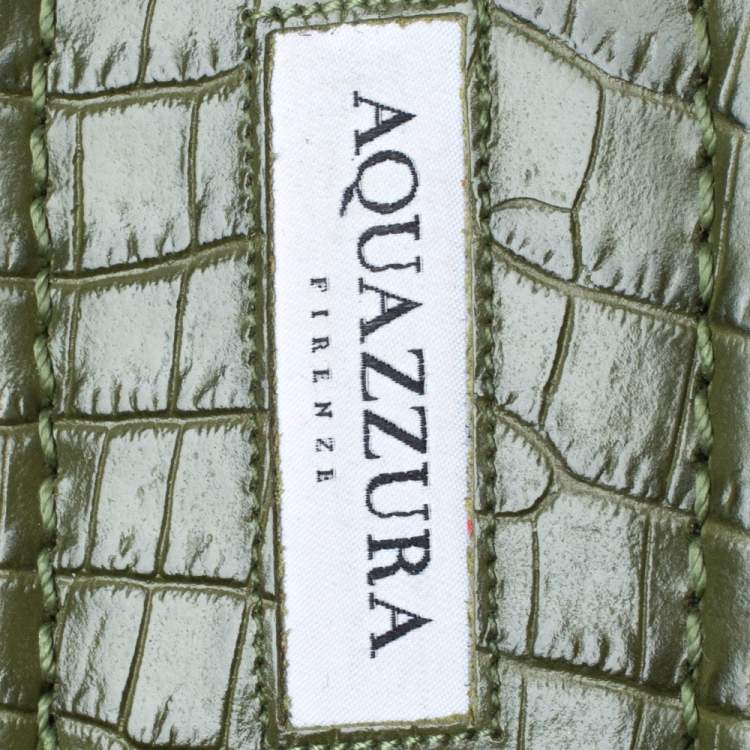 Pre Owned Aquazzura Green Croc Embossed Leather Feather Ponza Ankle Strap Flat Sandals Size 41