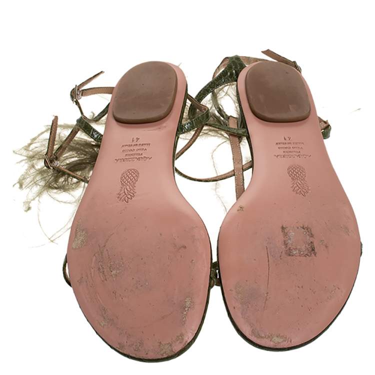 Pre Owned Aquazzura Green Croc Embossed Leather Feather Ponza Ankle Strap Flat Sandals Size 41