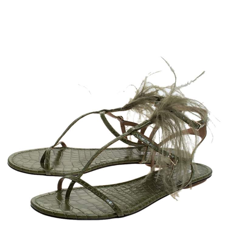 Pre Owned Aquazzura Green Croc Embossed Leather Feather Ponza Ankle Strap Flat Sandals Size 41
