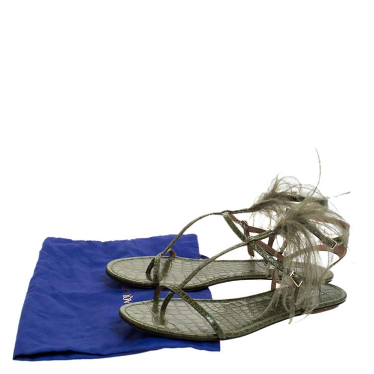 Pre Owned Aquazzura Green Croc Embossed Leather Feather Ponza Ankle Strap Flat Sandals Size 41