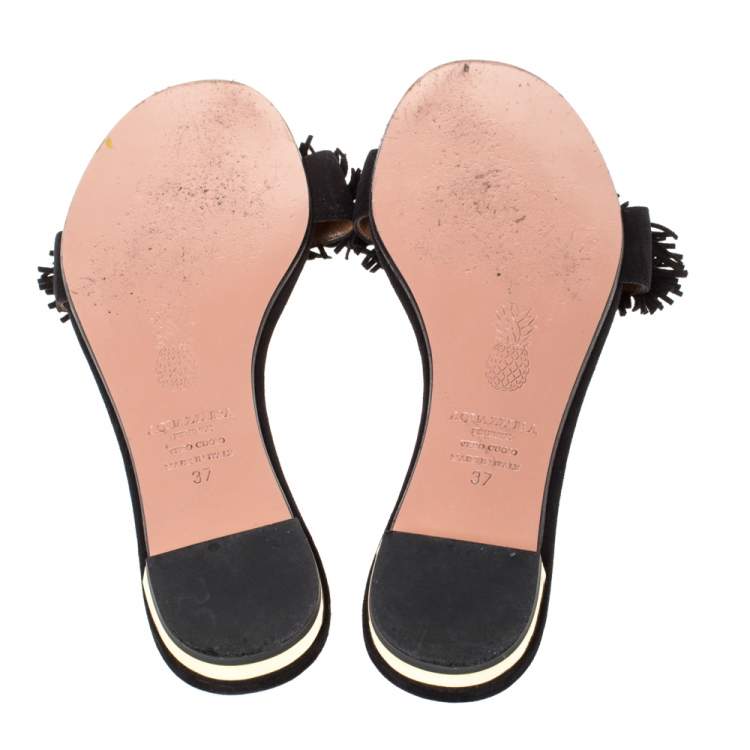 Pre Owned Aquazzura Black Suede Leather Wild Thing Fringe Flat Slide Size 37