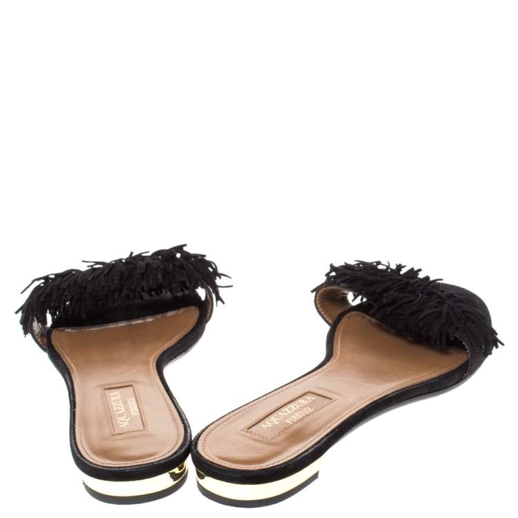 Pre Owned Aquazzura Black Suede Leather Wild Thing Fringe Flat Slide Size 37