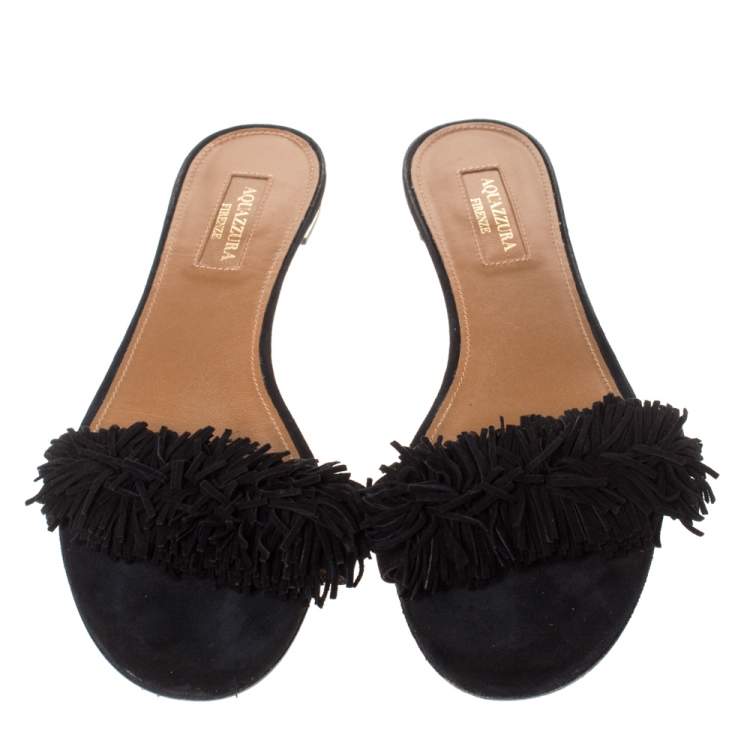 Pre Owned Aquazzura Black Suede Leather Wild Thing Fringe Flat Slide Size 37