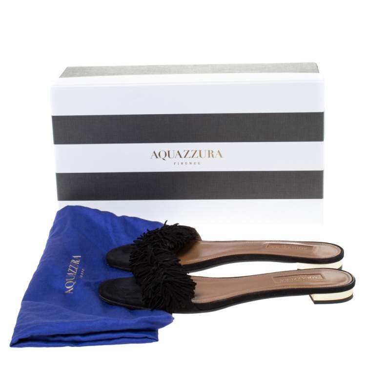 Pre Owned Aquazzura Black Suede Leather Wild Thing Fringe Flat Slide Size 37