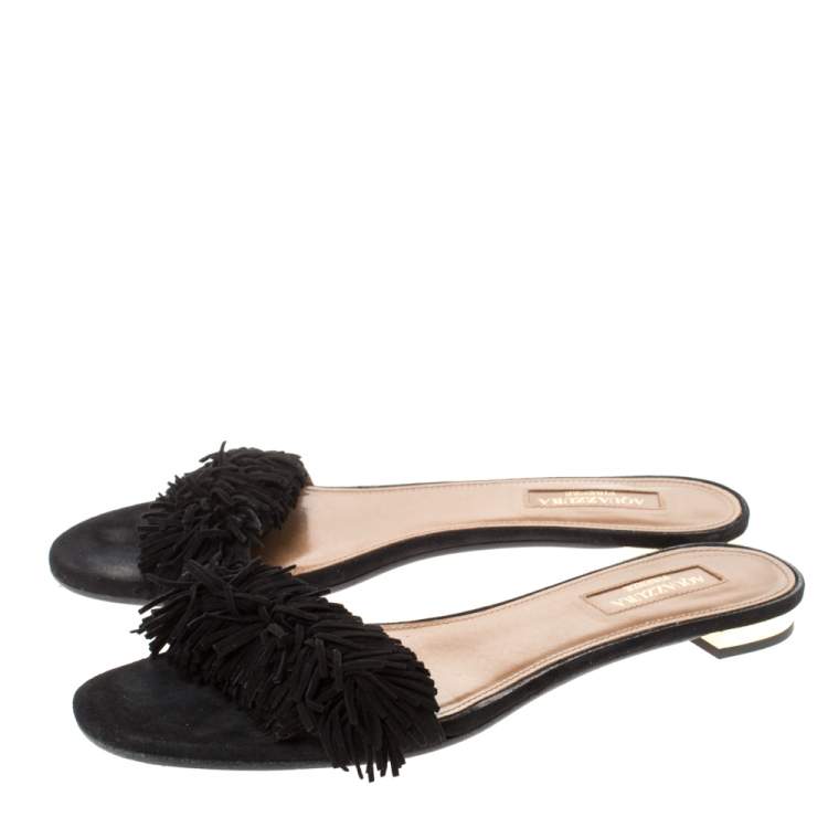 Pre Owned Aquazzura Black Suede Leather Wild Thing Fringe Flat Slide Size 37