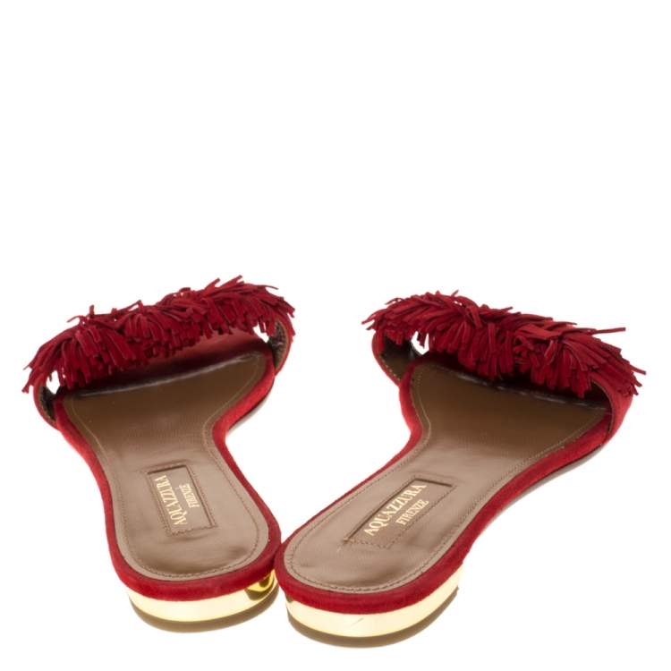 Pre Owned Aquazzura Red Suede Leather Wild Thing Fringe Flat Slide Size 37