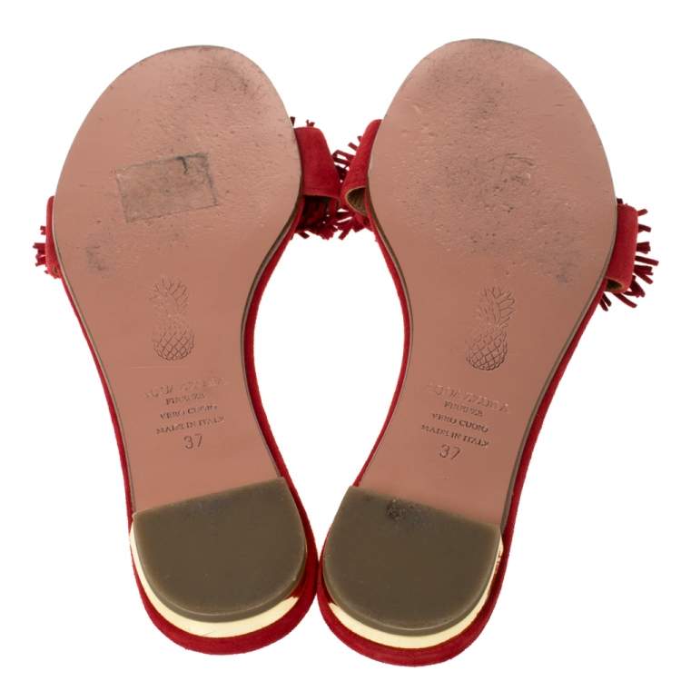 Pre Owned Aquazzura Red Suede Leather Wild Thing Fringe Flat Slide Size 37
