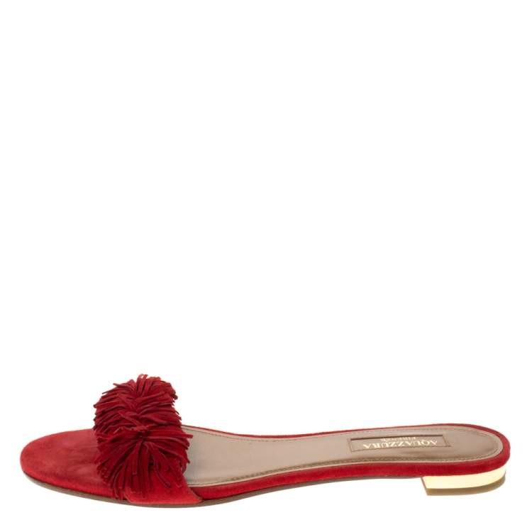 Pre Owned Aquazzura Red Suede Leather Wild Thing Fringe Flat Slide Size 37
