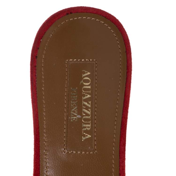Pre Owned Aquazzura Red Suede Leather Wild Thing Fringe Flat Slide Size 37