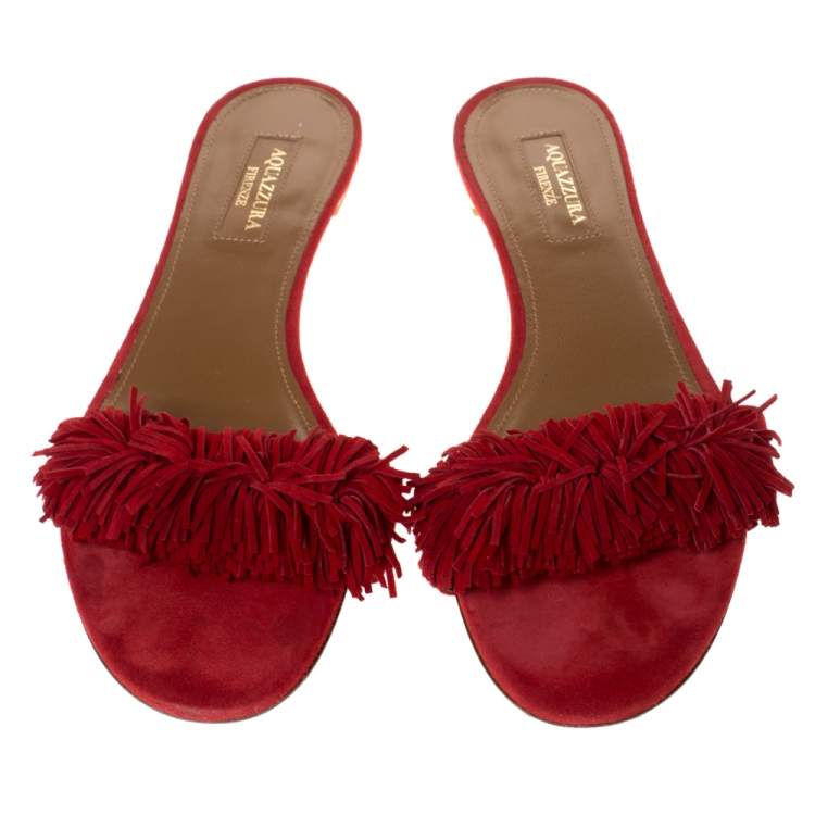 Pre Owned Aquazzura Red Suede Leather Wild Thing Fringe Flat Slide Size 37