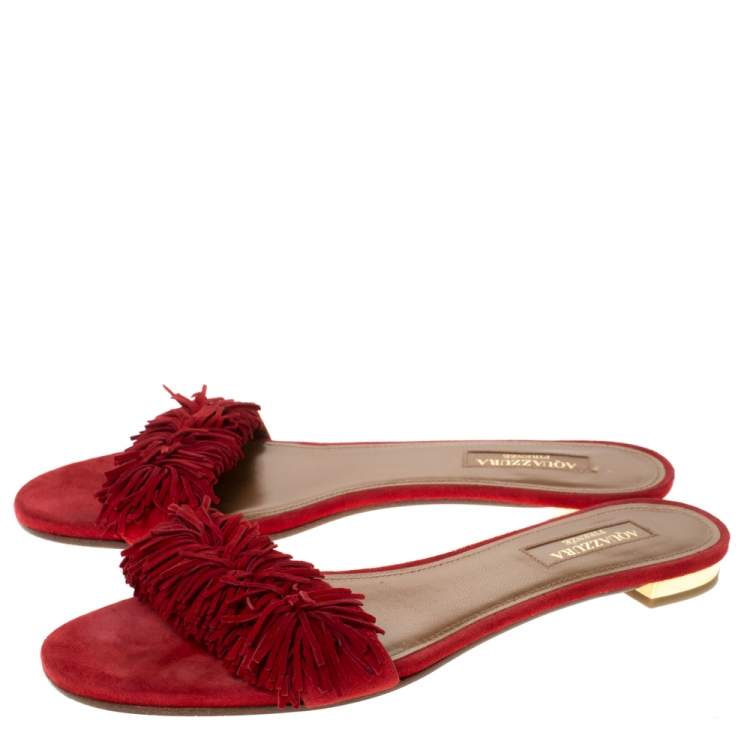 Pre Owned Aquazzura Red Suede Leather Wild Thing Fringe Flat Slide Size 37