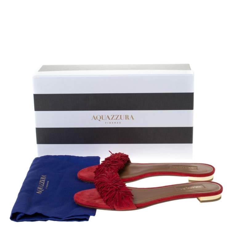 Pre Owned Aquazzura Red Suede Leather Wild Thing Fringe Flat Slide Size 37
