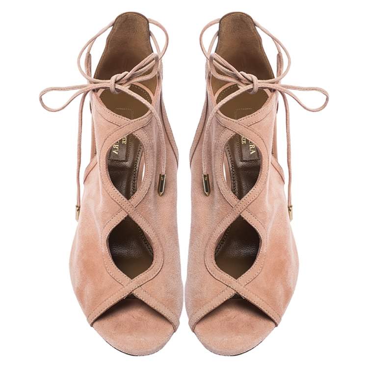 Pre Owned Aquazzura Pink Suede Leather Cut Out Ankle Wrap Open Toe Sandals Size 38