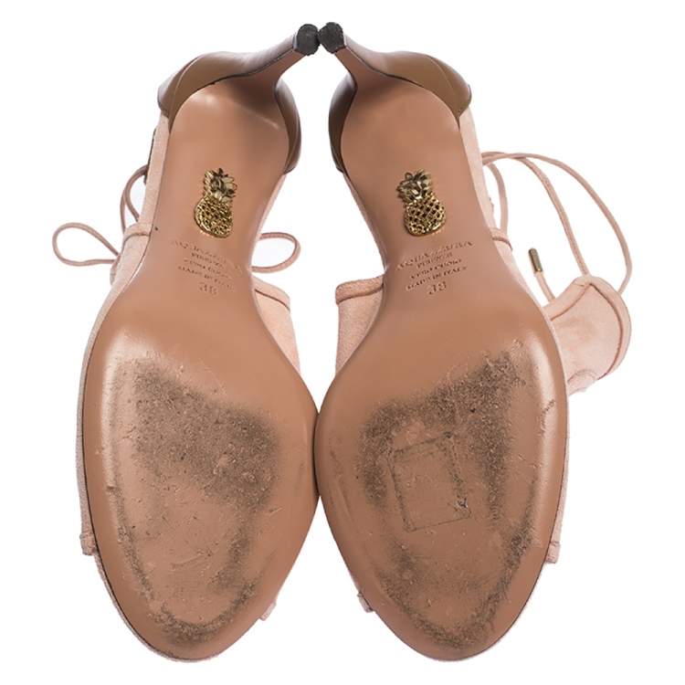 Pre Owned Aquazzura Pink Suede Leather Cut Out Ankle Wrap Open Toe Sandals Size 38