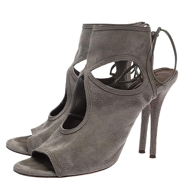 Pre Owned Aquazzura Grey Suede Leather Cutout Ankle Wrap Open Toe Sandals Size 38