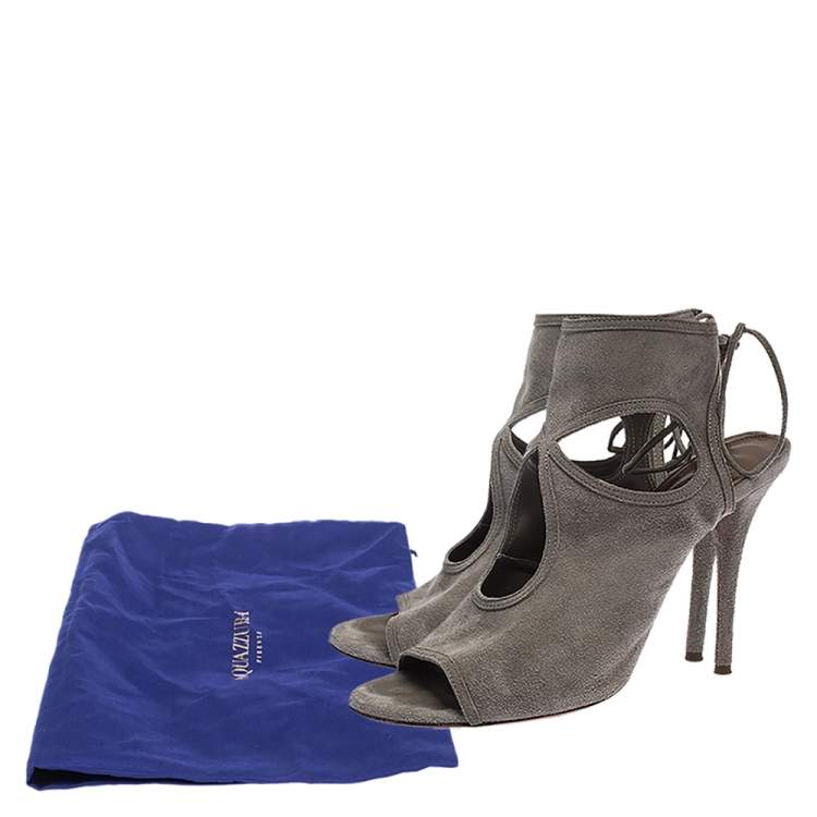 Pre Owned Aquazzura Grey Suede Leather Cutout Ankle Wrap Open Toe Sandals Size 38