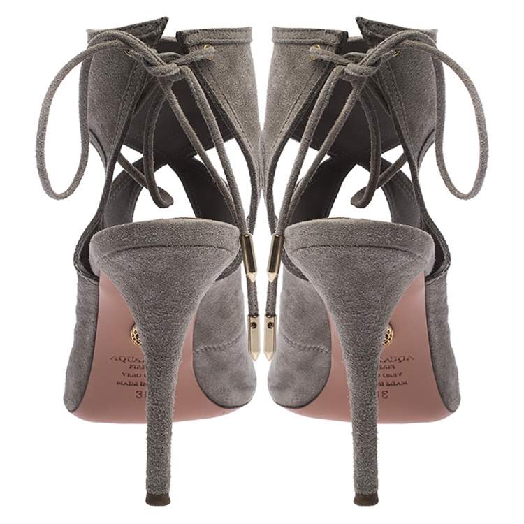 Pre Owned Aquazzura Grey Suede Leather Cutout Ankle Wrap Open Toe Sandals Size 38