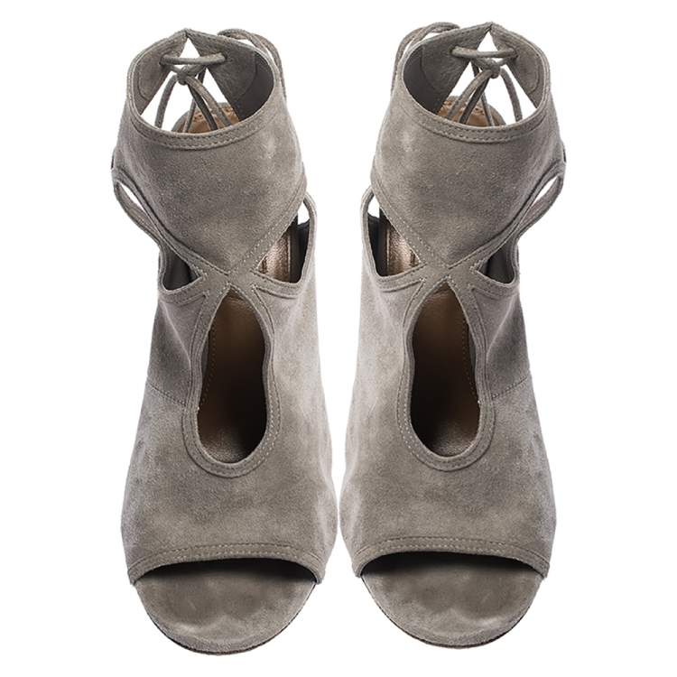 Pre Owned Aquazzura Grey Suede Leather Cutout Ankle Wrap Open Toe Sandals Size 38