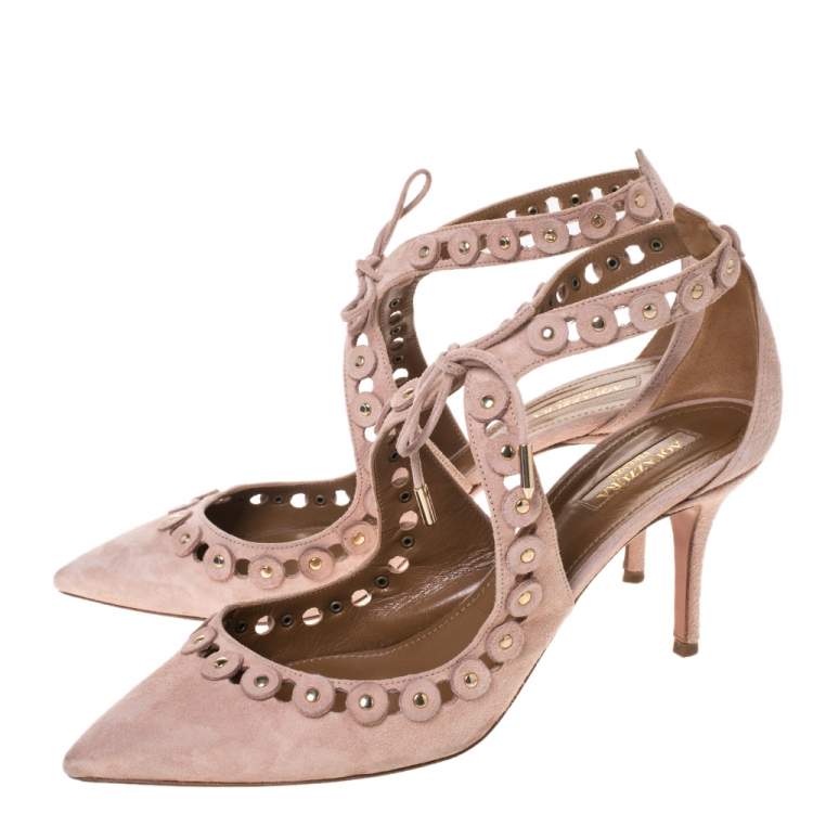 Pre Owned Aquazzura Beige Suede Leather Studded Lace Up Pointed Toe Pumps Size 40