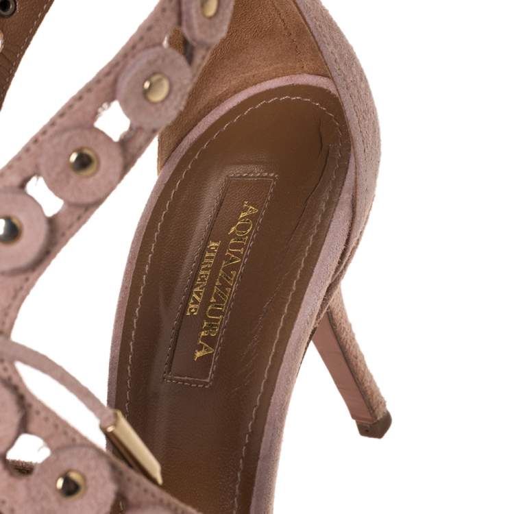 Pre Owned Aquazzura Beige Suede Leather Studded Lace Up Pointed Toe Pumps Size 40