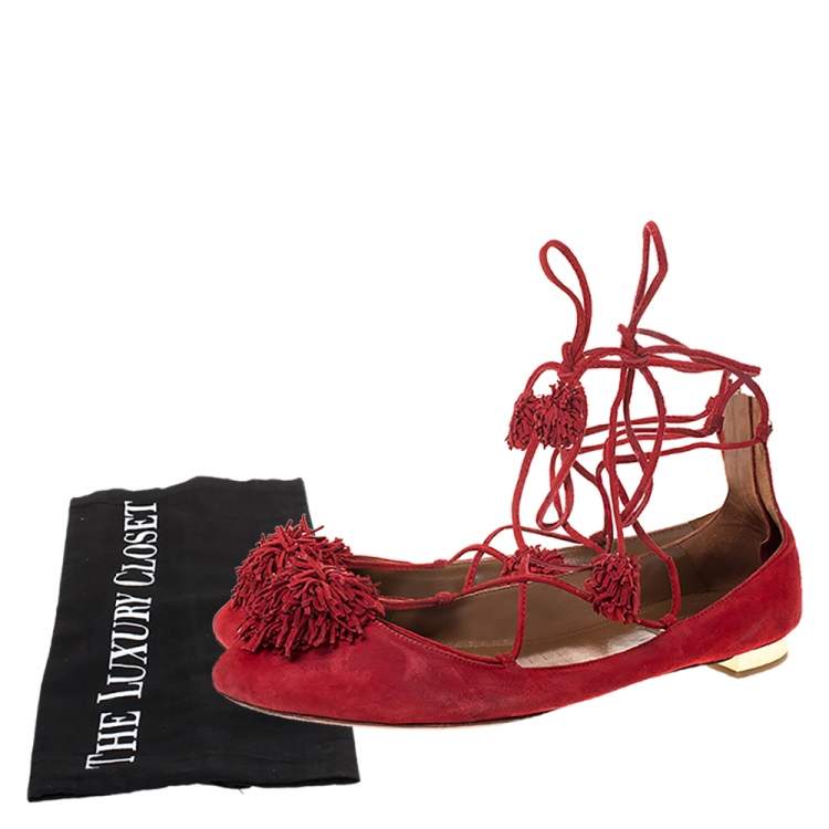 Pre Owned Aquaazzura Red Suede Leather Fringe Tassel Ankle Wrap Ballet Flats Size 40.5