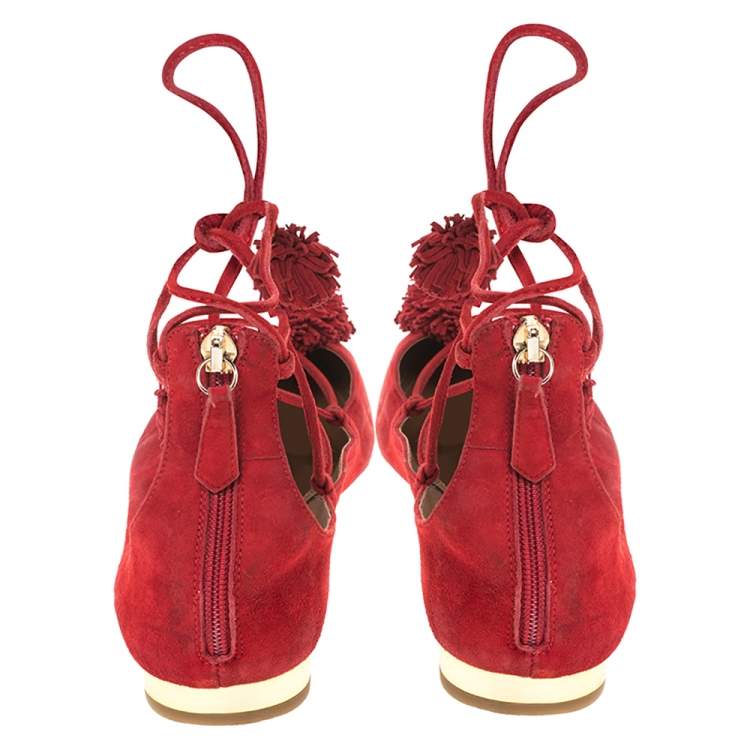 Pre Owned Aquaazzura Red Suede Leather Fringe Tassel Ankle Wrap Ballet Flats Size 40.5