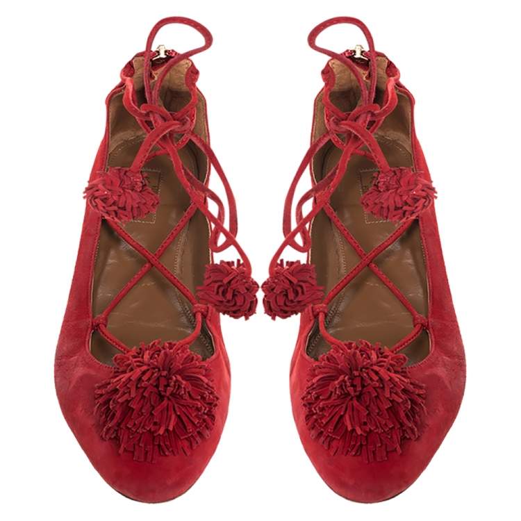 Pre Owned Aquaazzura Red Suede Leather Fringe Tassel Ankle Wrap Ballet Flats Size 40.5