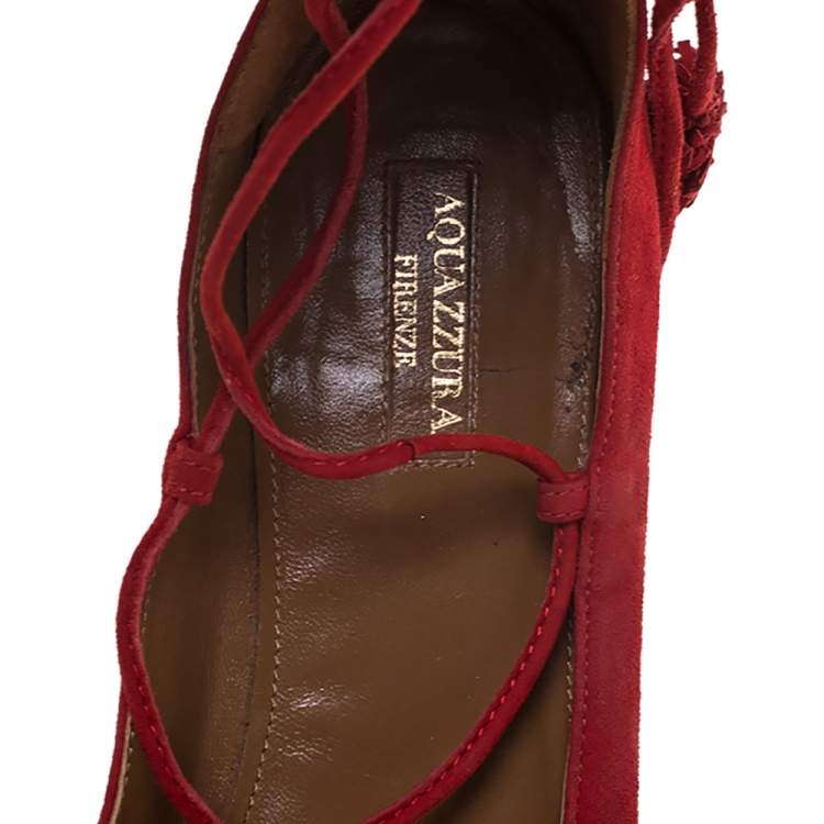 Pre Owned Aquaazzura Red Suede Leather Fringe Tassel Ankle Wrap Ballet Flats Size 40.5