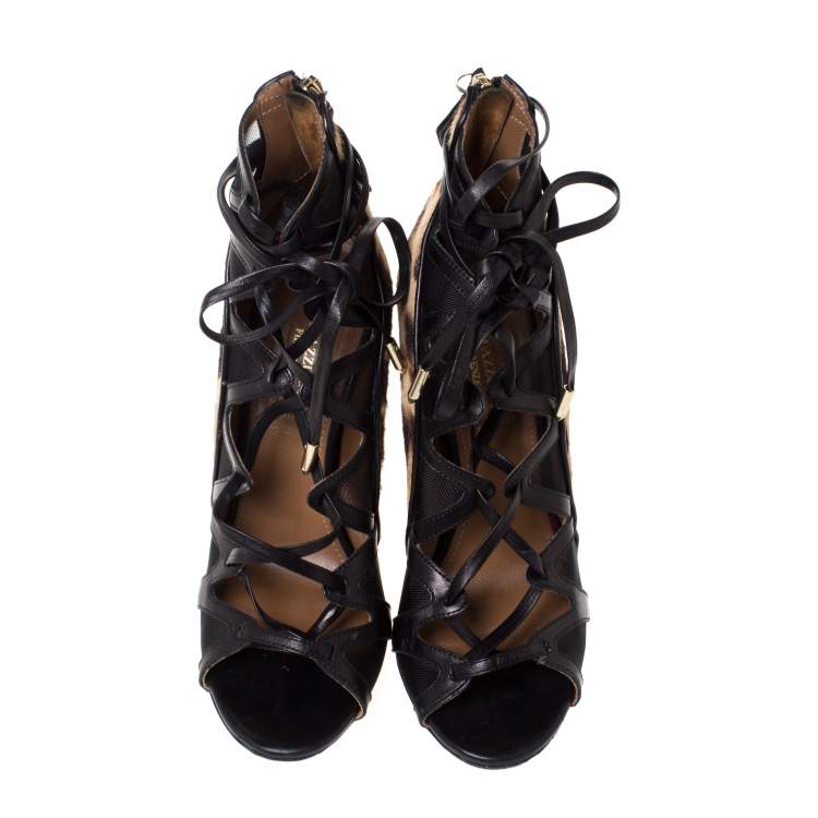 Pre Owned Aquazzura Brown Leopard Print Pony, Mesh And Leather Trim Lace Up Pumps Size 37