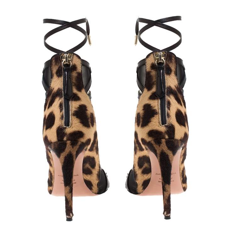 Pre Owned Aquazzura Brown Leopard Print Pony, Mesh And Leather Trim Lace Up Pumps Size 37