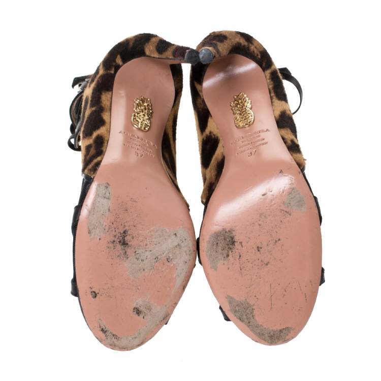 Pre Owned Aquazzura Brown Leopard Print Pony, Mesh And Leather Trim Lace Up Pumps Size 37