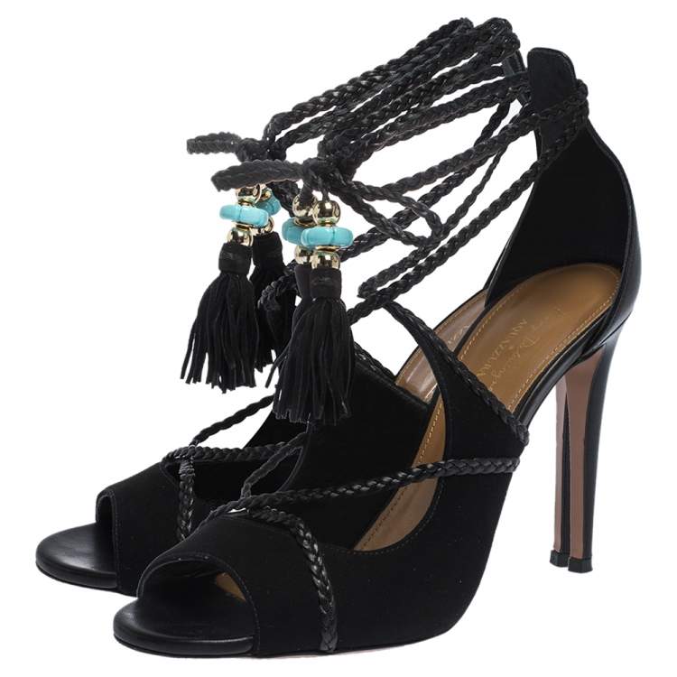 Pre Owned Aquazzura Black Suede And Leather Ankle Wrap Hero Sandals Size 37