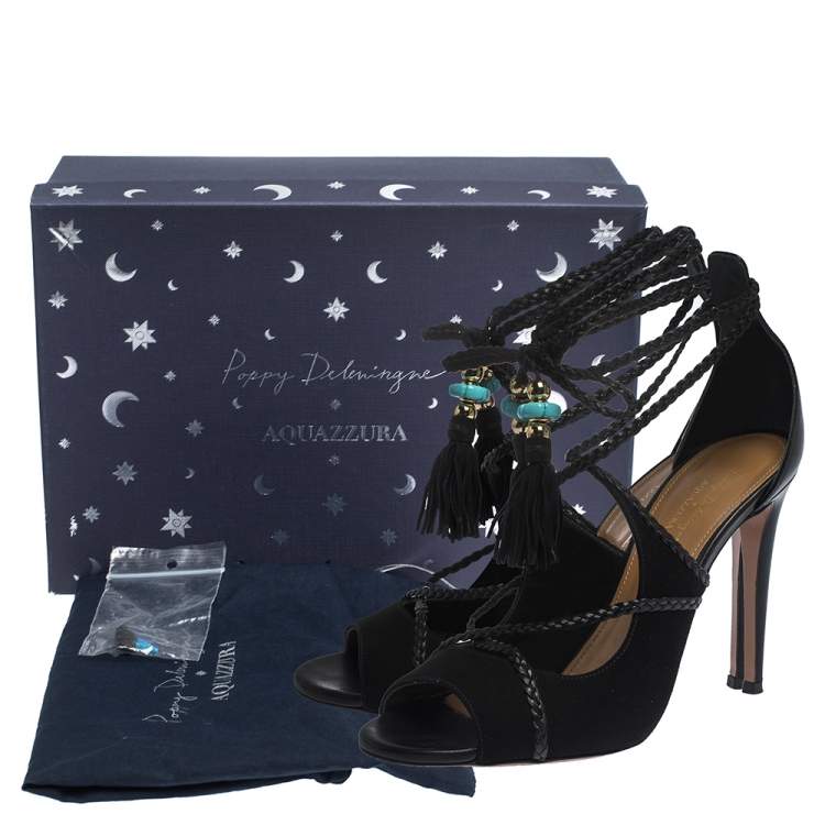 Pre Owned Aquazzura Black Suede And Leather Ankle Wrap Hero Sandals Size 37