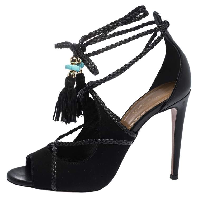 Pre Owned Aquazzura Black Suede And Leather Ankle Wrap Hero Sandals Size 37