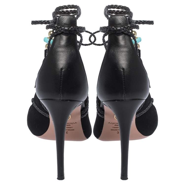 Pre Owned Aquazzura Black Suede And Leather Ankle Wrap Hero Sandals Size 37