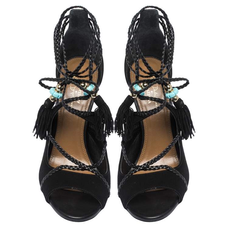 Pre Owned Aquazzura Black Suede And Leather Ankle Wrap Hero Sandals Size 37