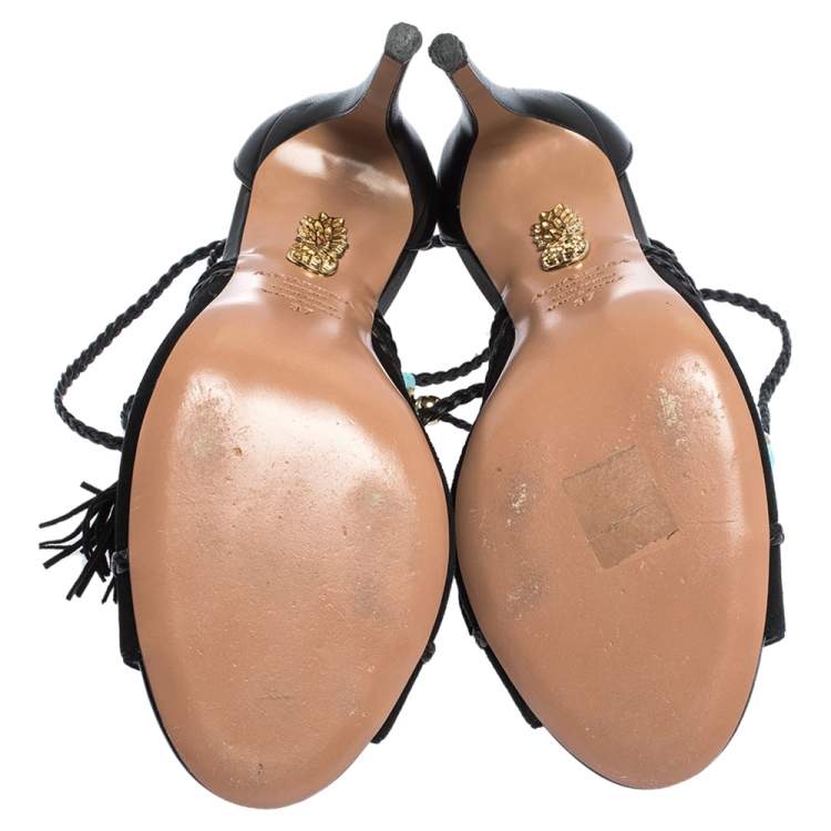 Pre Owned Aquazzura Black Suede And Leather Ankle Wrap Hero Sandals Size 37