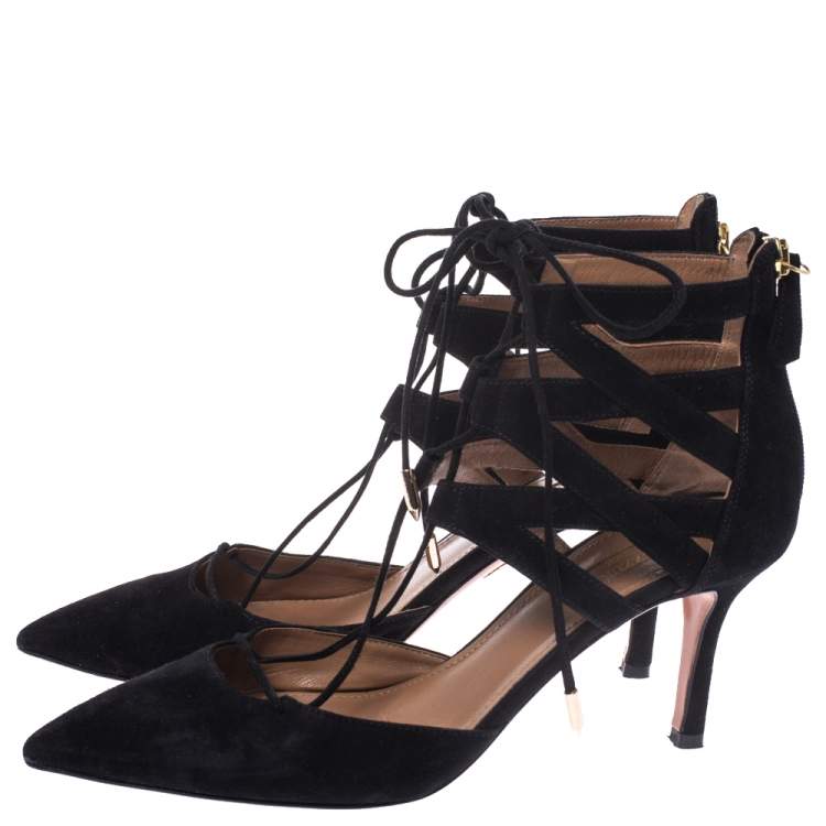 Pre Owned Aquazzura Black Suede Belgravia Lace Up Pointed Toe Pumps Size 37.5