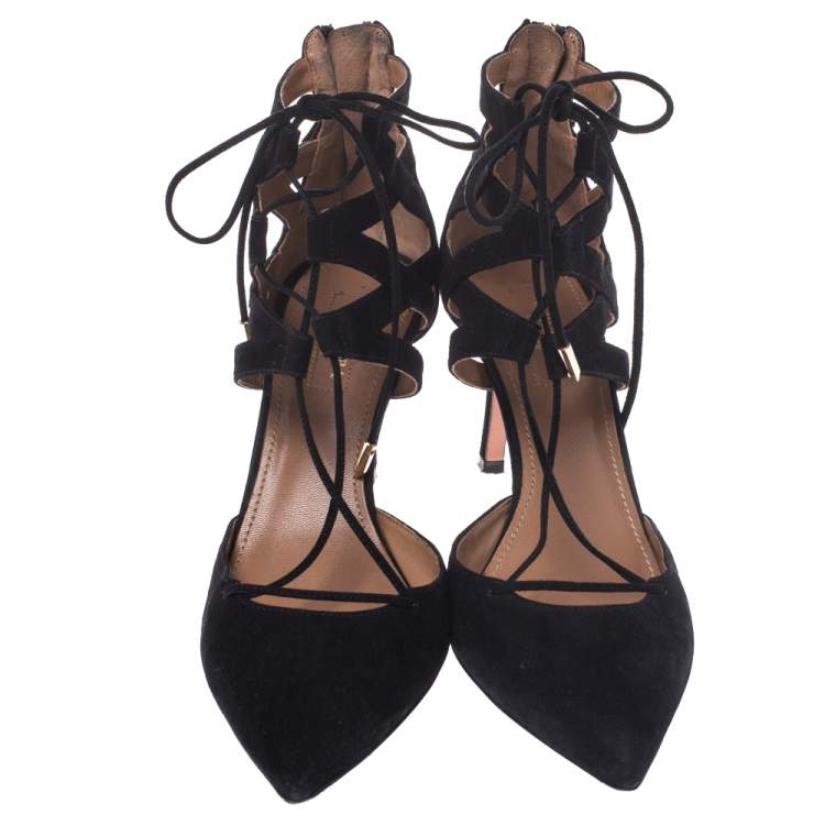 Pre Owned Aquazzura Black Suede Belgravia Lace Up Pointed Toe Pumps Size 37.5